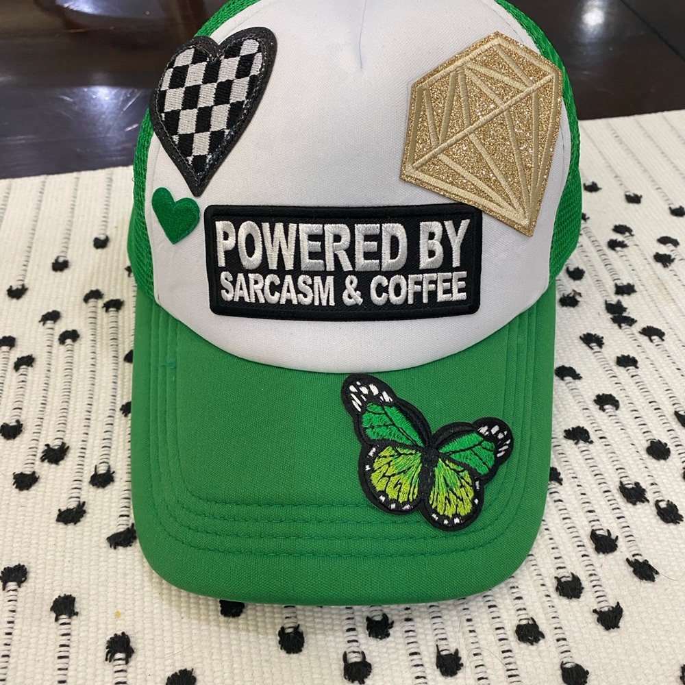 Green and White Trucker Hat with Patches